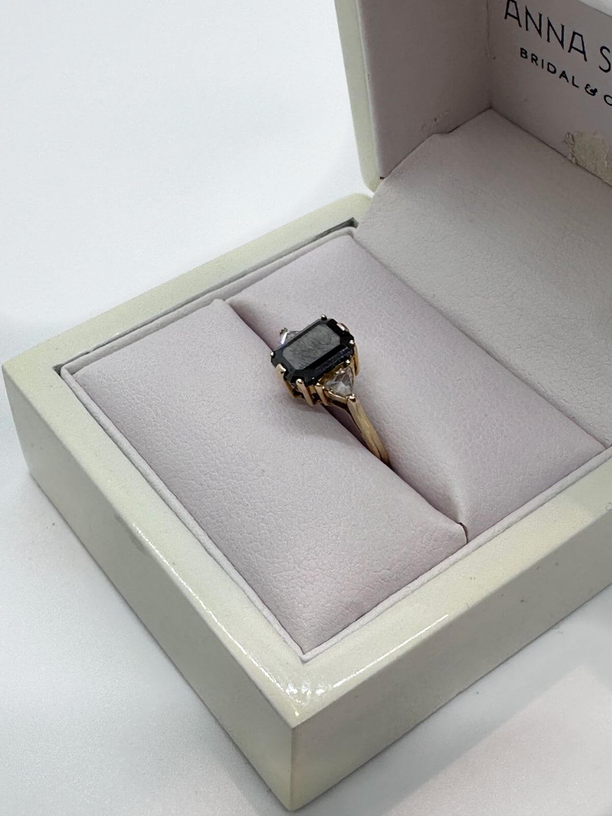 Black diamond ring in box, Anna Sheffield design.