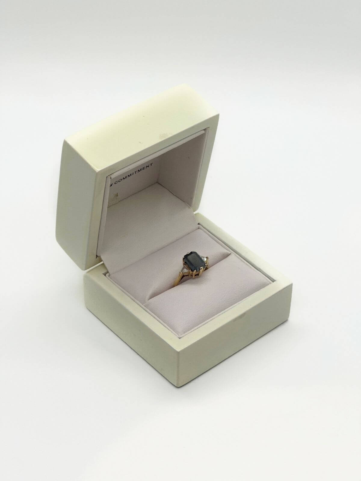 Black diamond ring in box, Anna Sheffield design.