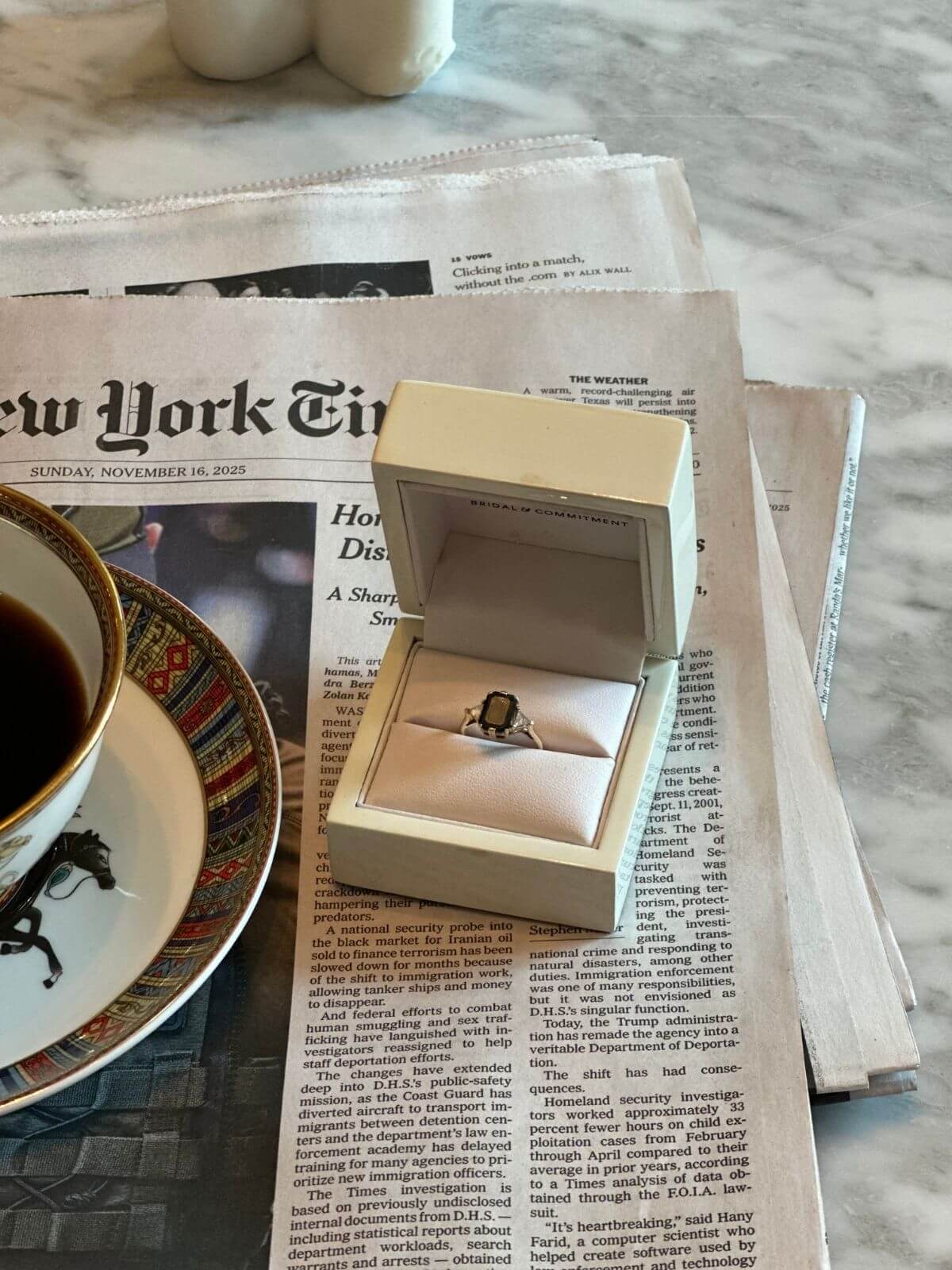 Anna Sheffield Ring in box on newspaper