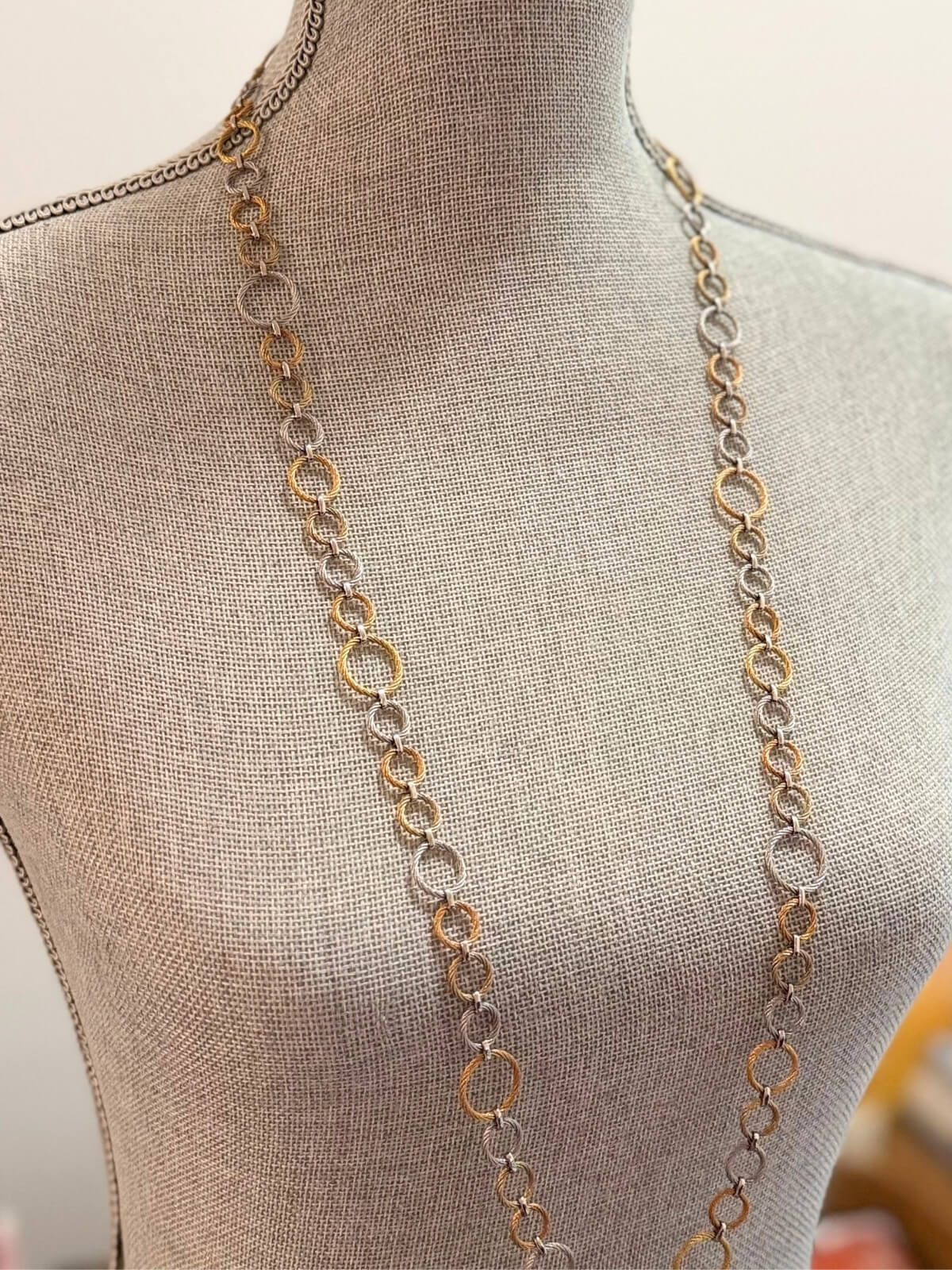 Louise Row featuring Charriol 3-Tone Long Necklace on grey mannequin