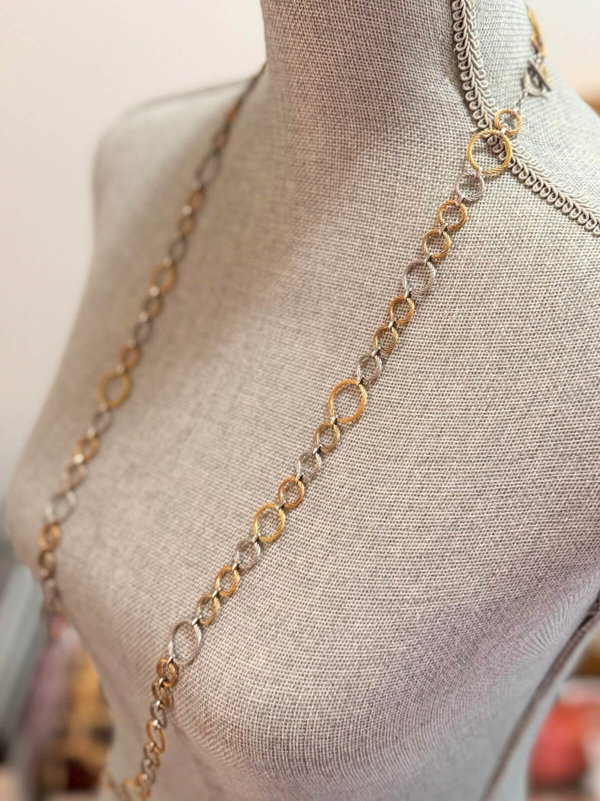 Louise Row featuring Charriol 3-Tone Long Necklace on grey mannequin