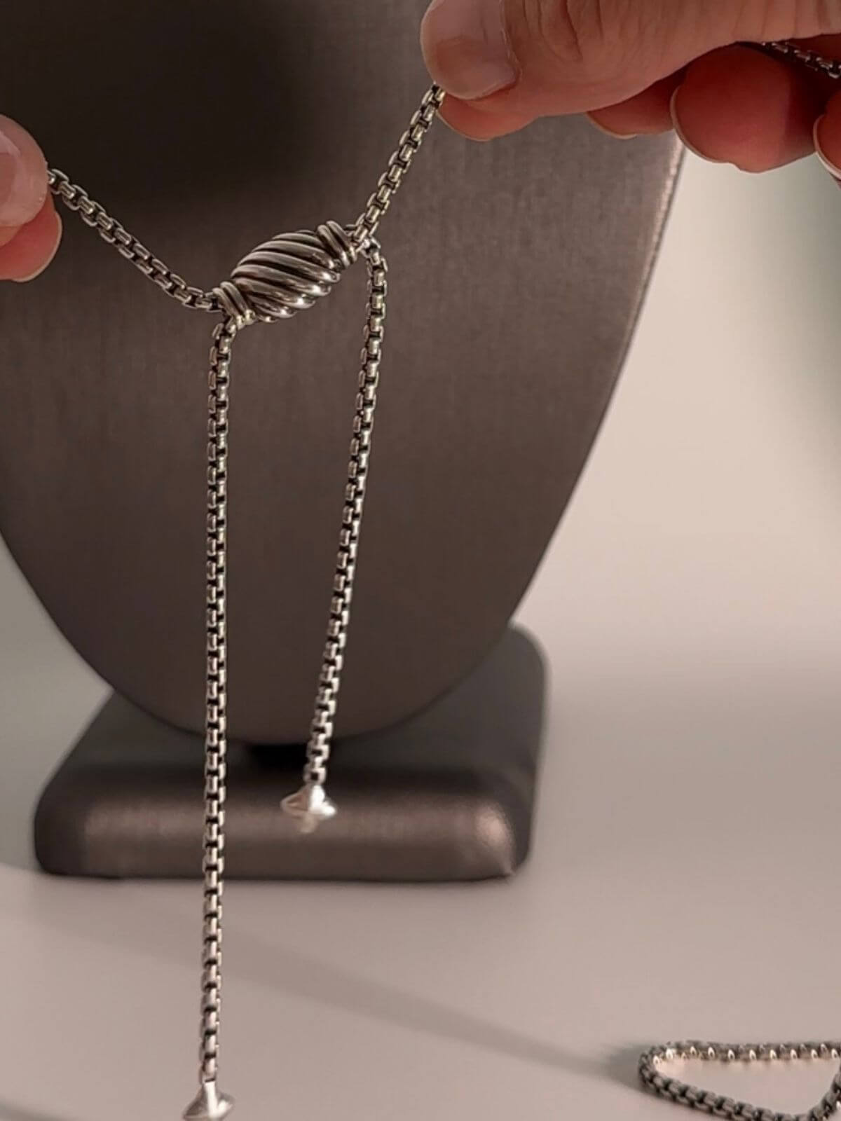 Silver Box Chain necklace on grey mannequin showing back adjustable chain