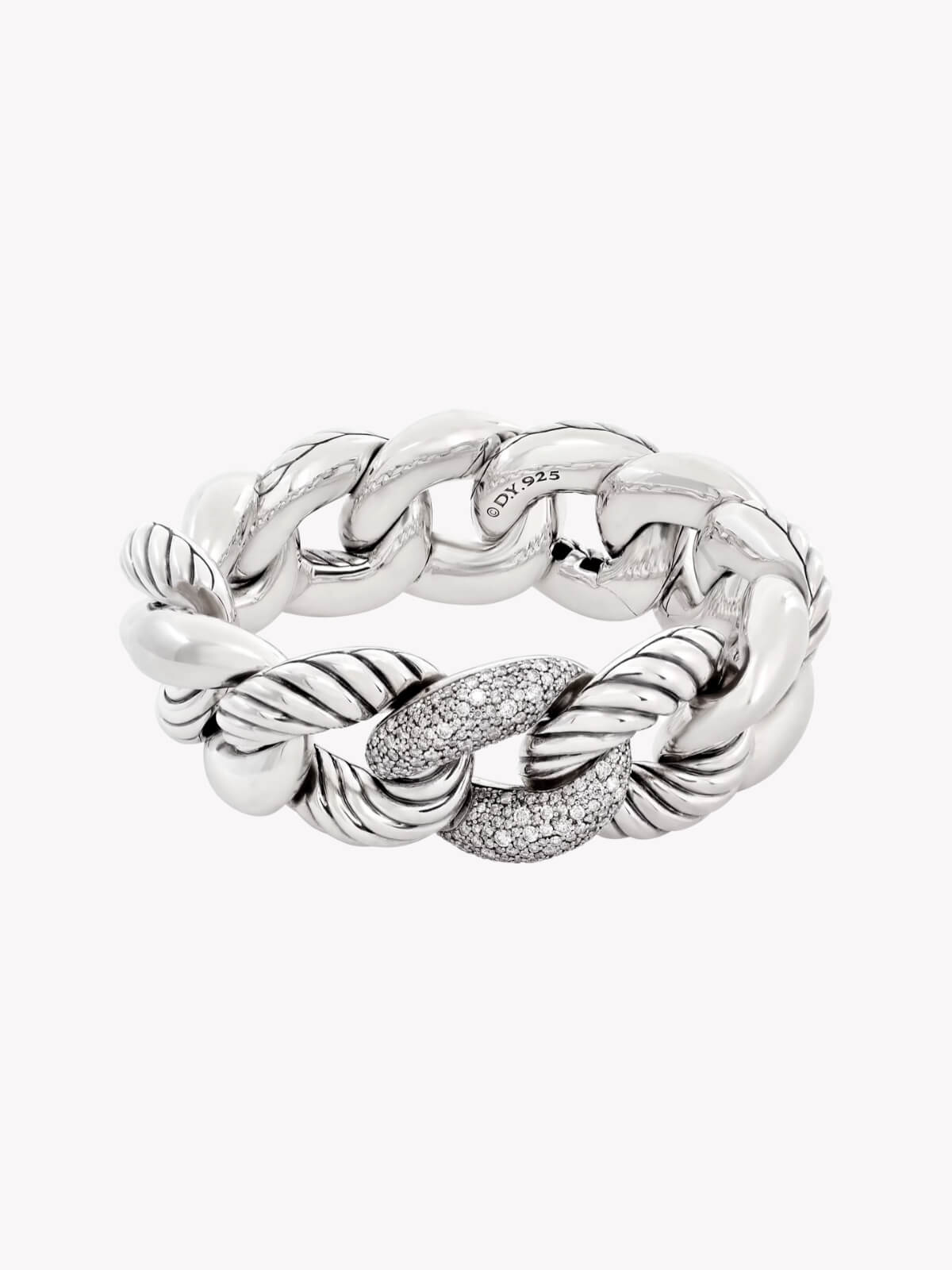 Louise Row Studio featuring David Yurman belmont bracelet made of large link in silver with diamond center station on white background.