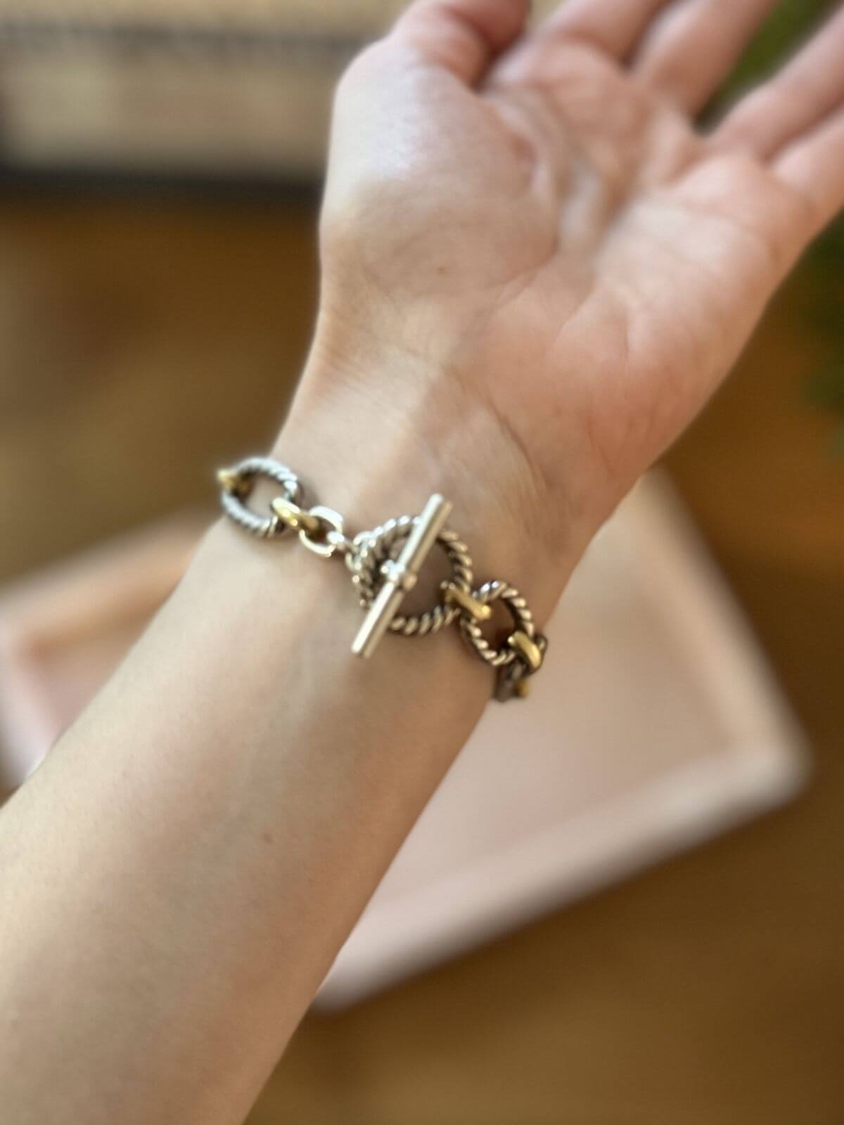 David Yurman gold and silver toggle bracelet back view on arm