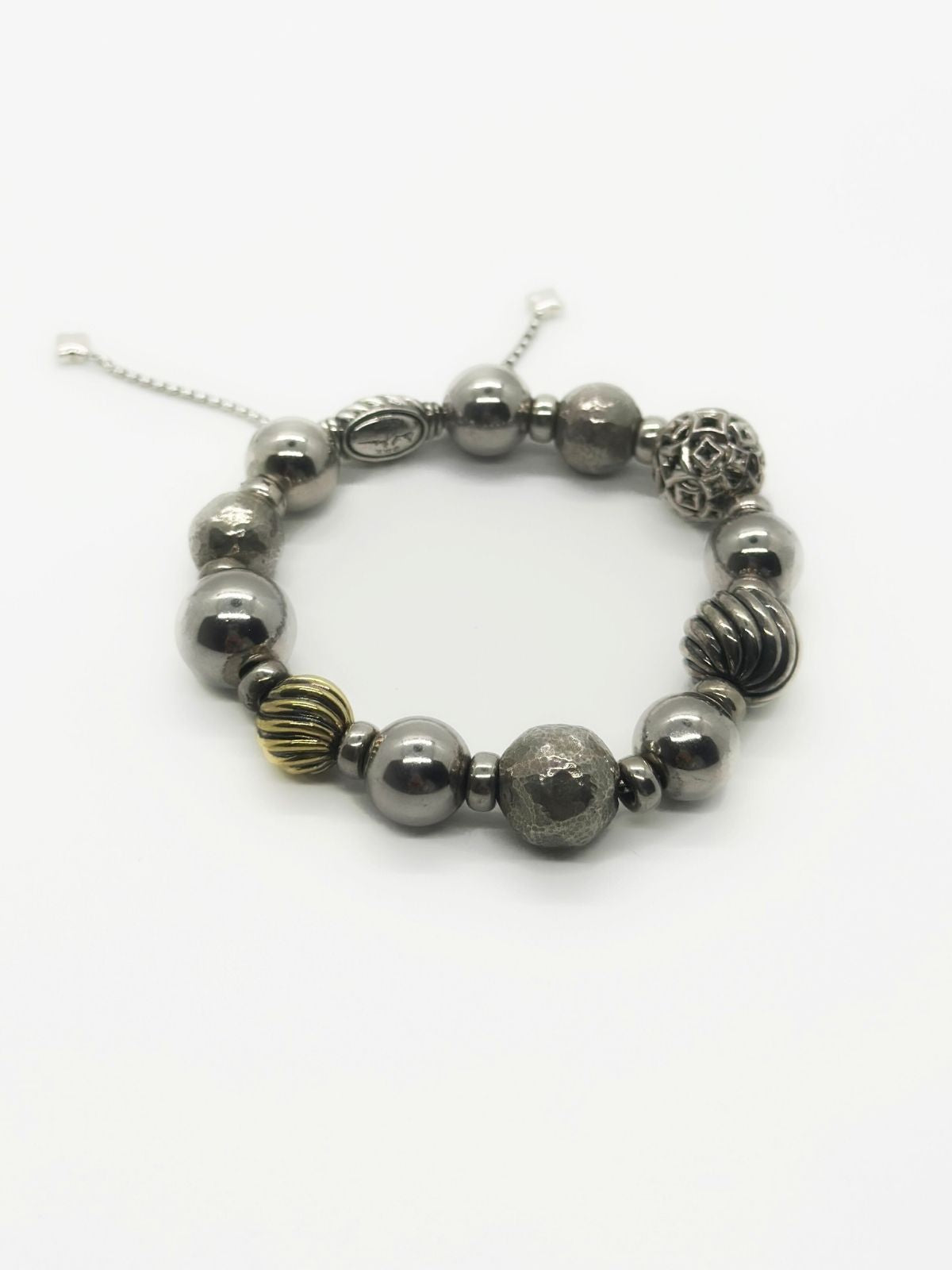 David Yurman silver bead bracelet on white background.