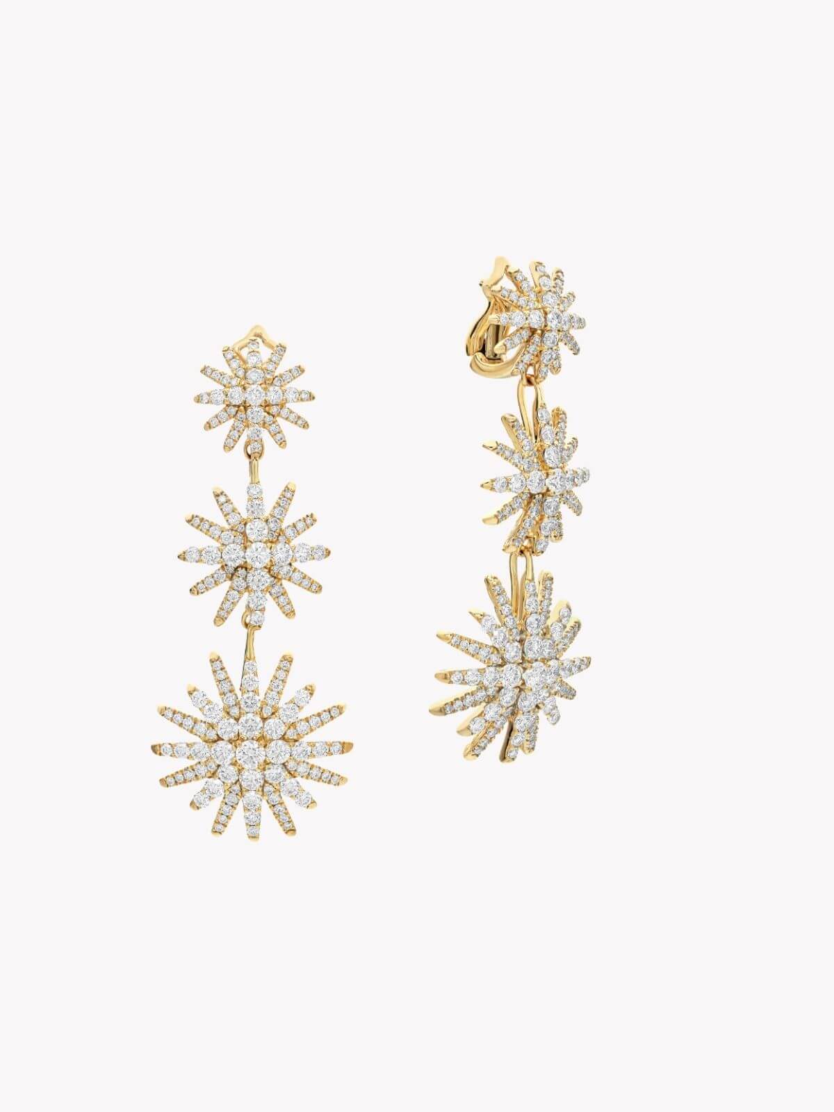 Louise Row Studio David Yurman 18K and diamond Starburst earrings, 3 drop convertible design on white background.
