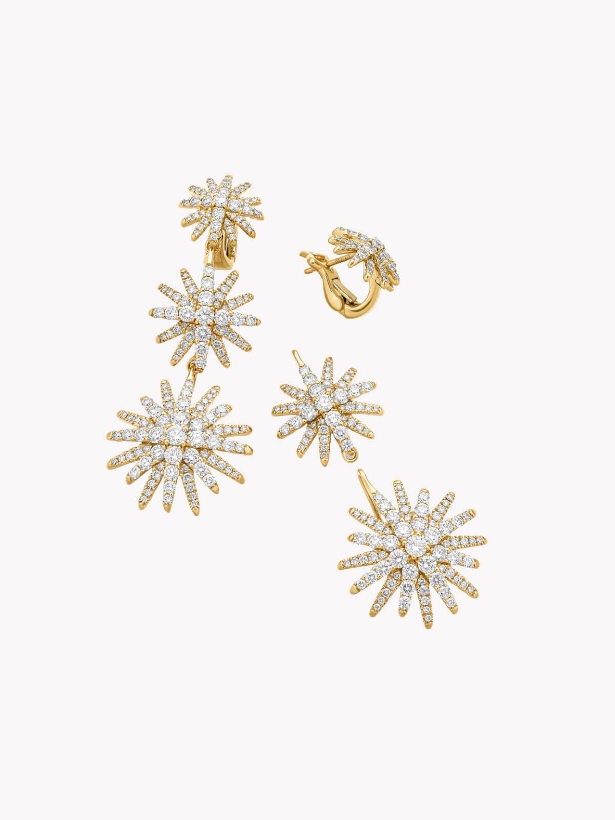 Louise Row Studio David Yurman 18K and diamond Starburst earrings, 3 drop convertible design on white background.