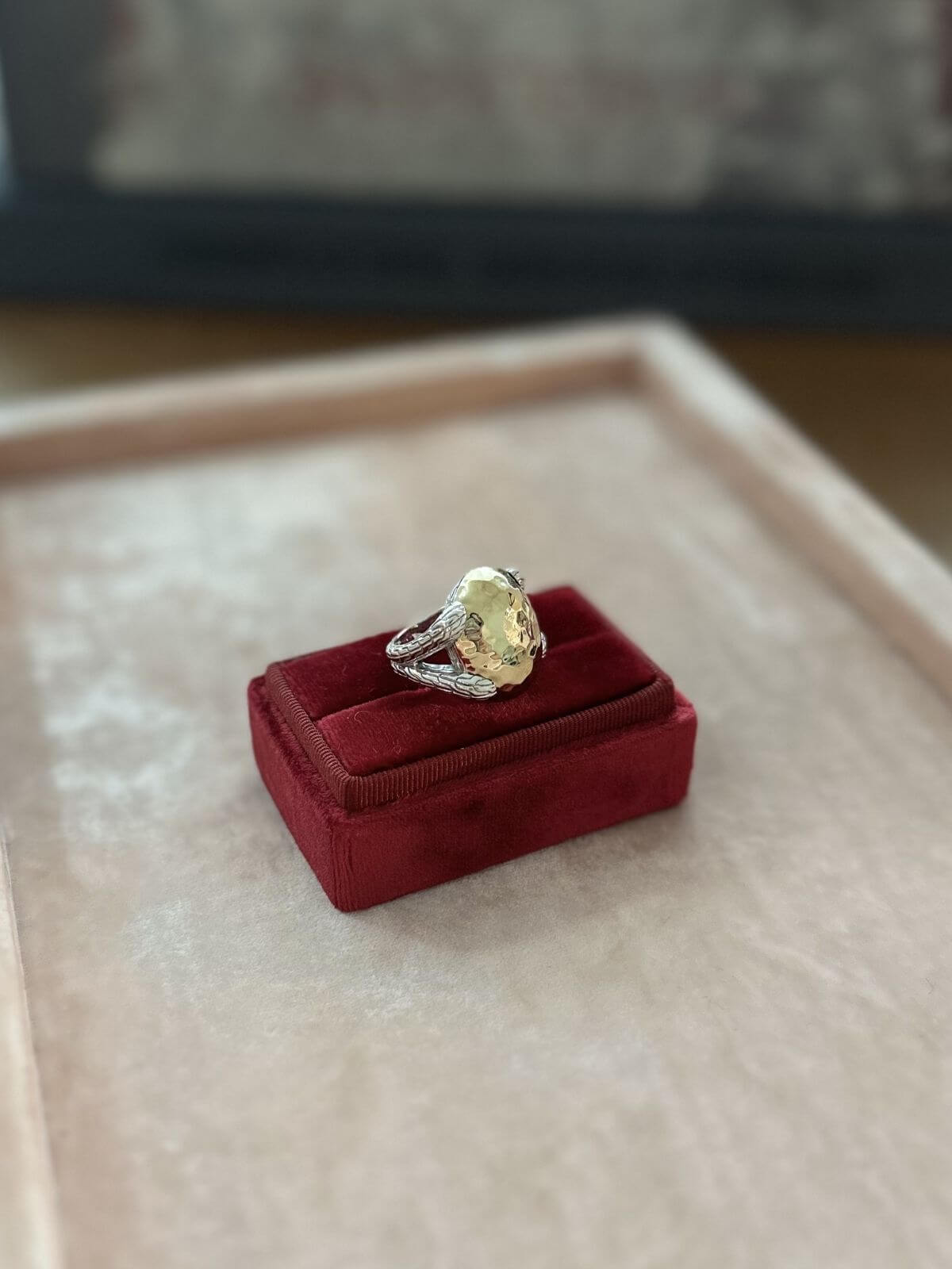John Hardy ring silver and gold on red fixture