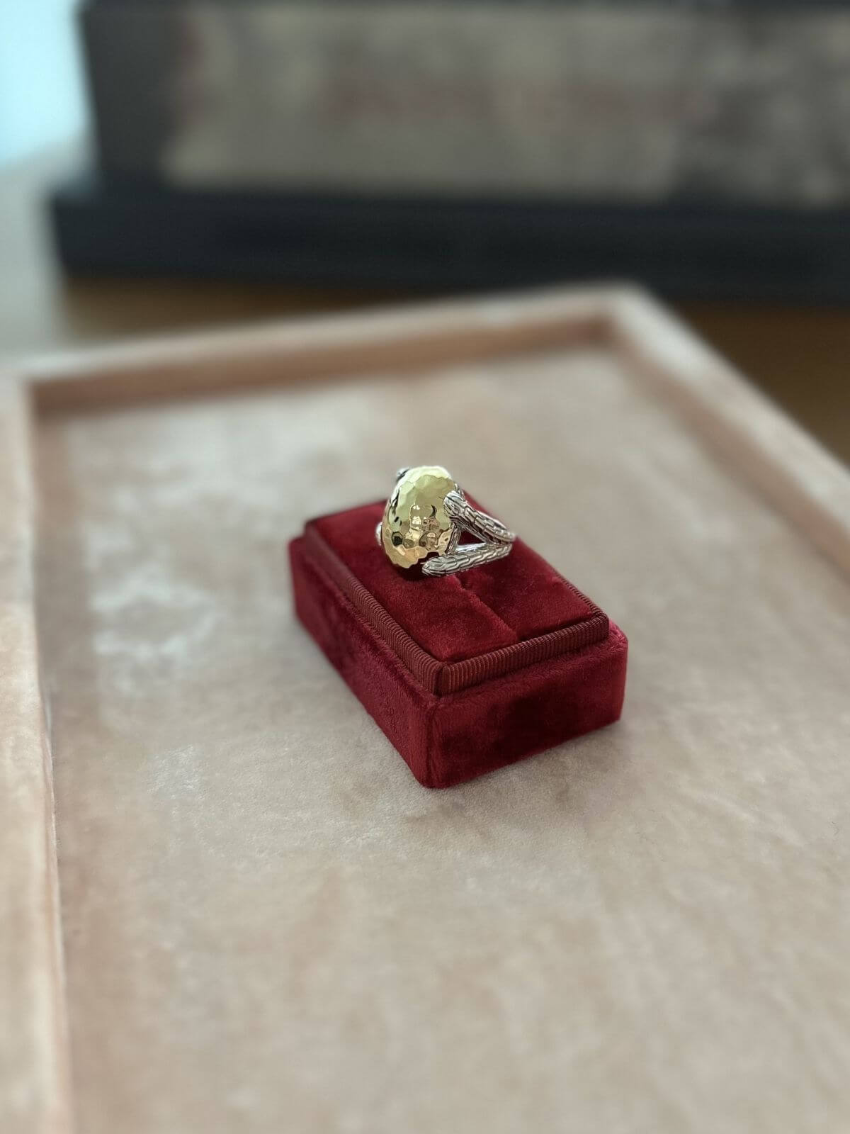 John Hardy ring silver and gold on red fixture