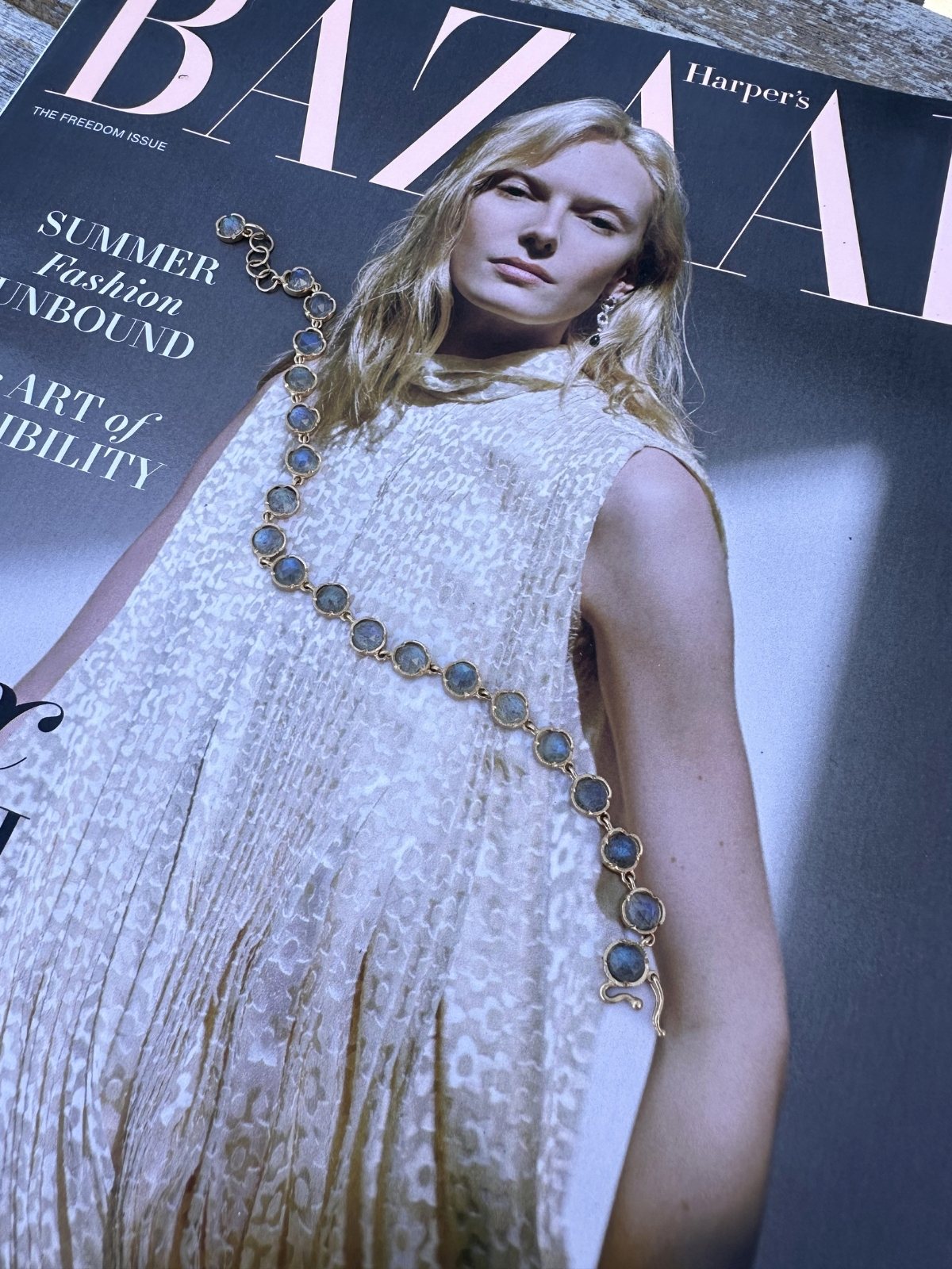 Louise Row Studio featuring custom Labradorite bracelet on magazine.