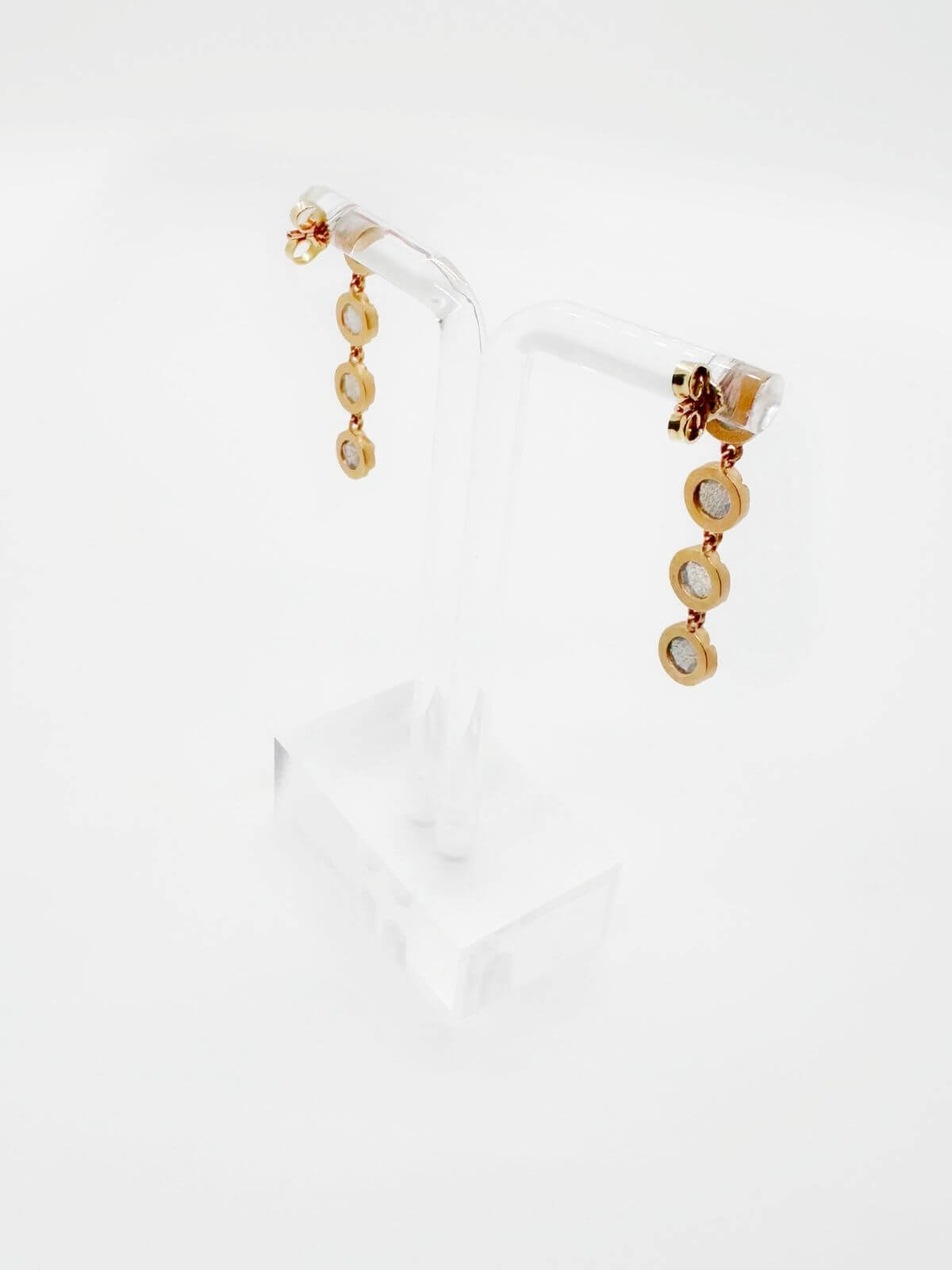 labradorite earrings shown from back, on white background