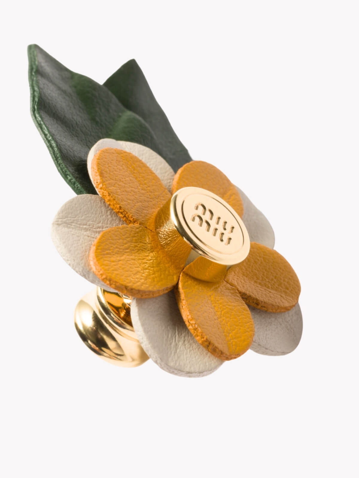 Louise Row featuring Miu Miu leather flower pin close up
