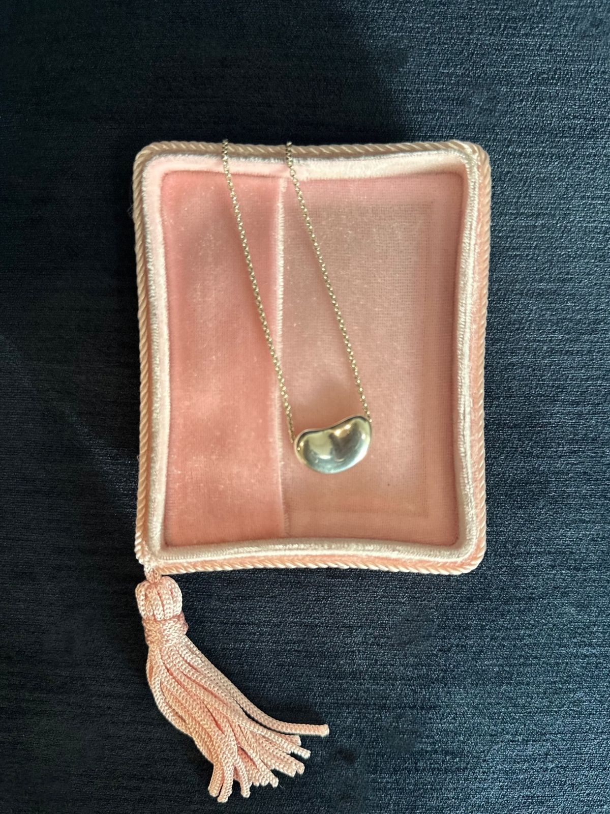 Necklace with a bean shaped pendant on a pink velvet jewelry pouch with tassel.