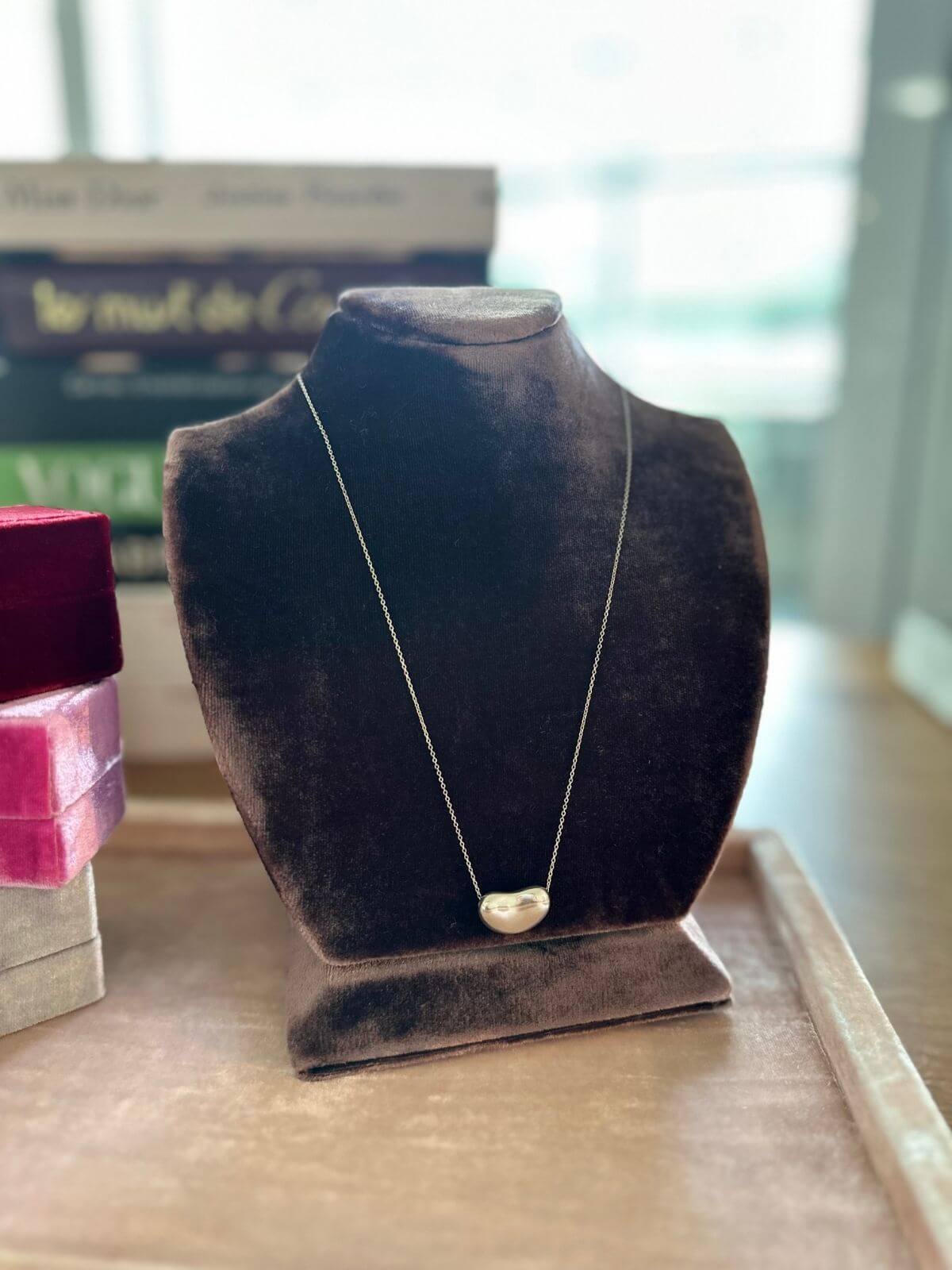 Tiffany Bean necklace on brown neck fixture