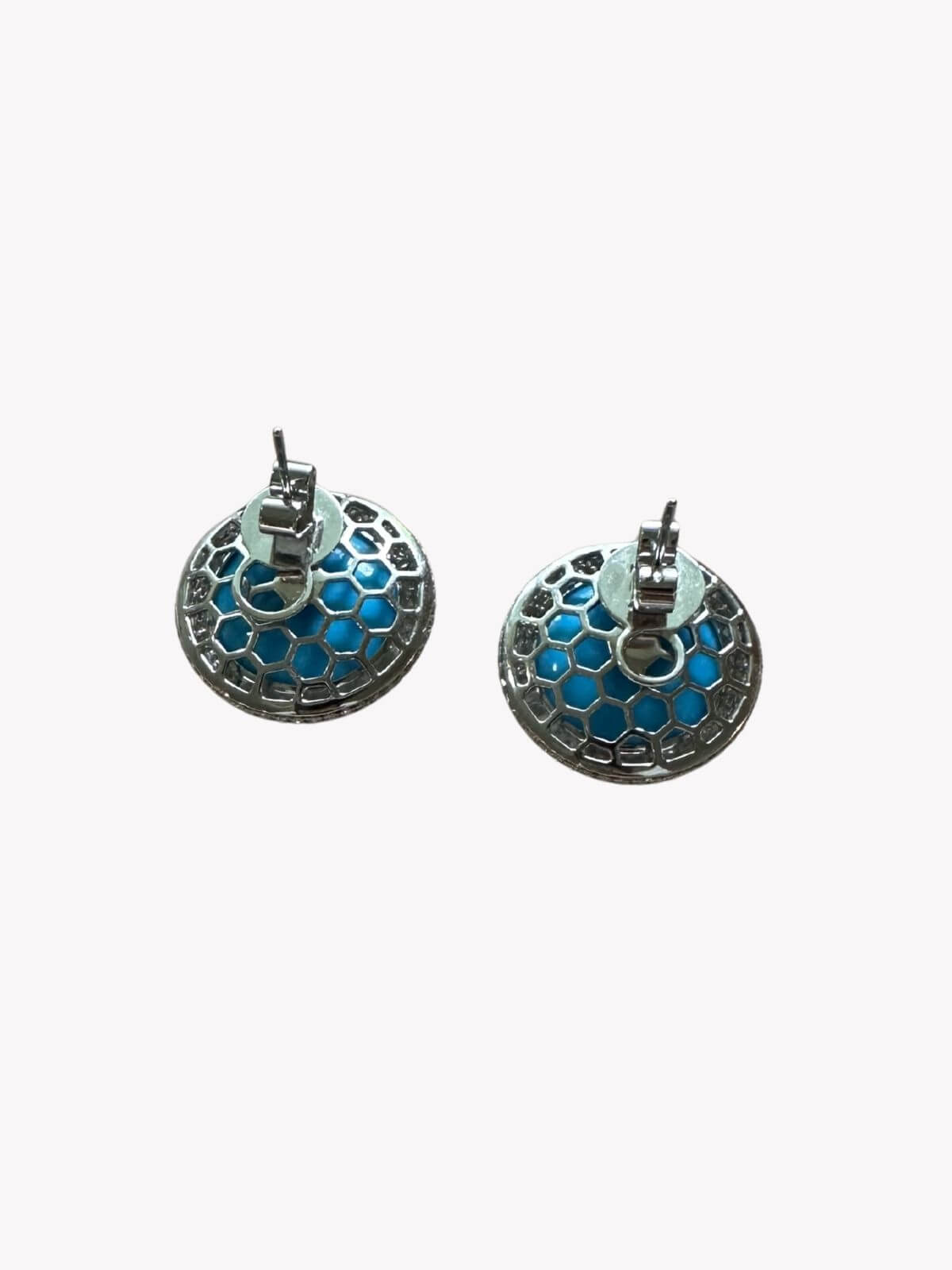 Louise Row Studio featuring Turquoise and Diamond round earrings with diamonds on white background. Showing backside.