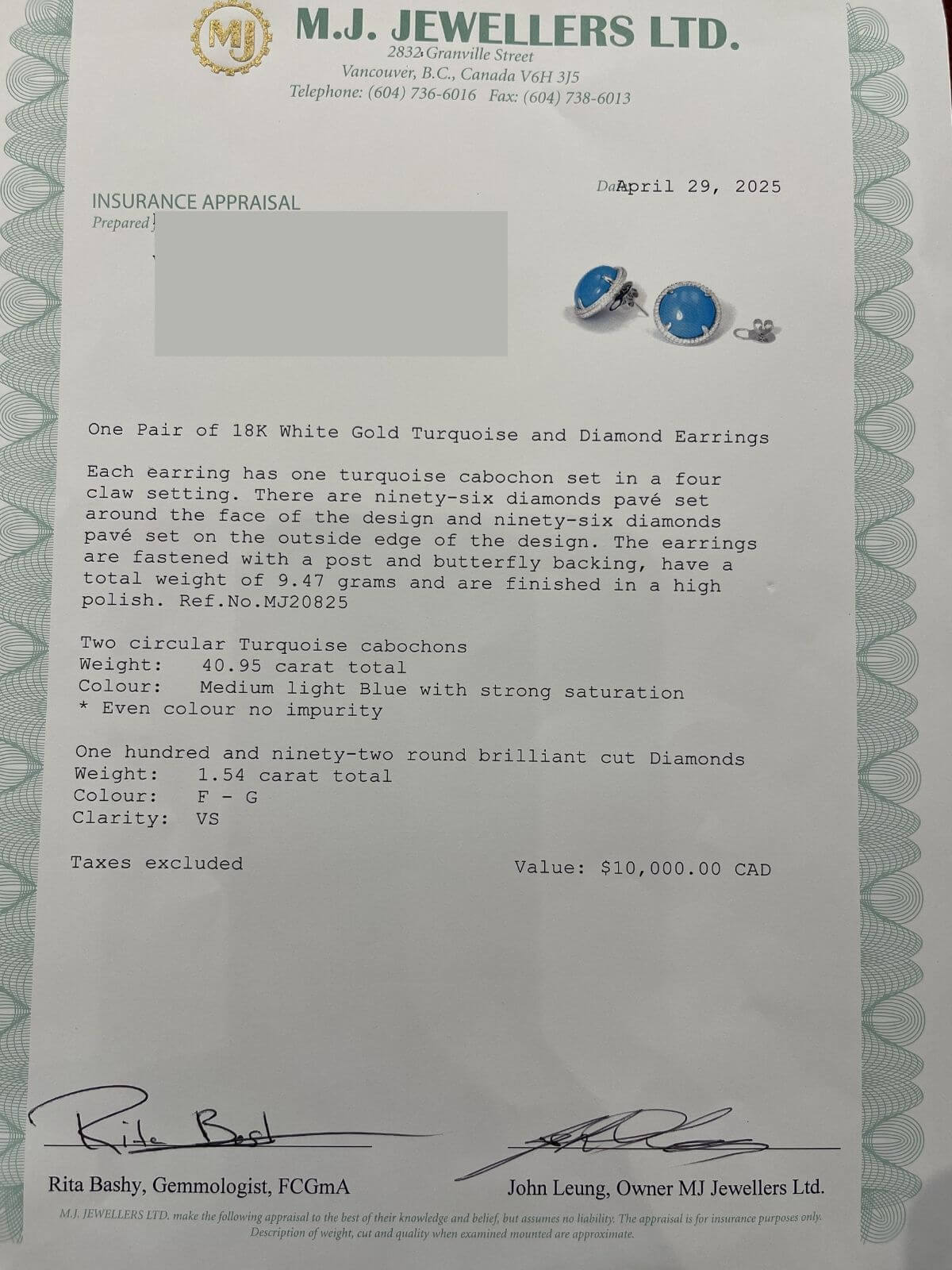 Louise Row Studio featuring Turquoise and Diamond round earrings with diamonds appraisal sheet.
