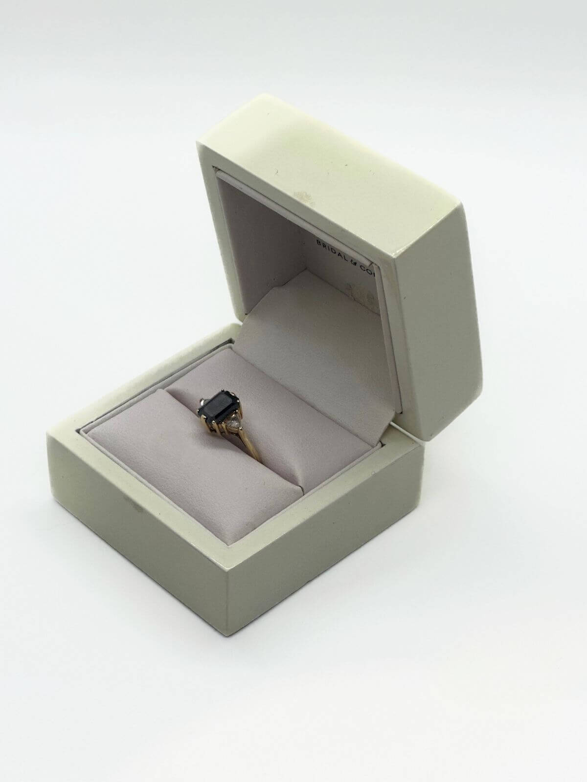 Black diamond ring in box, Anna Sheffield design.