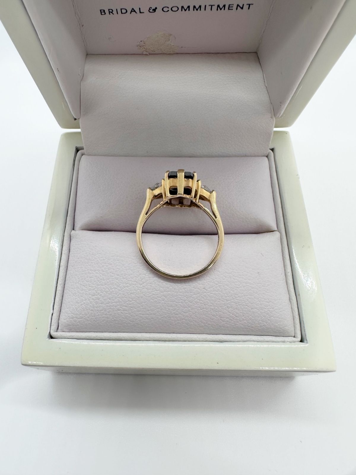 Black diamond ring in box, Anna Sheffield design.