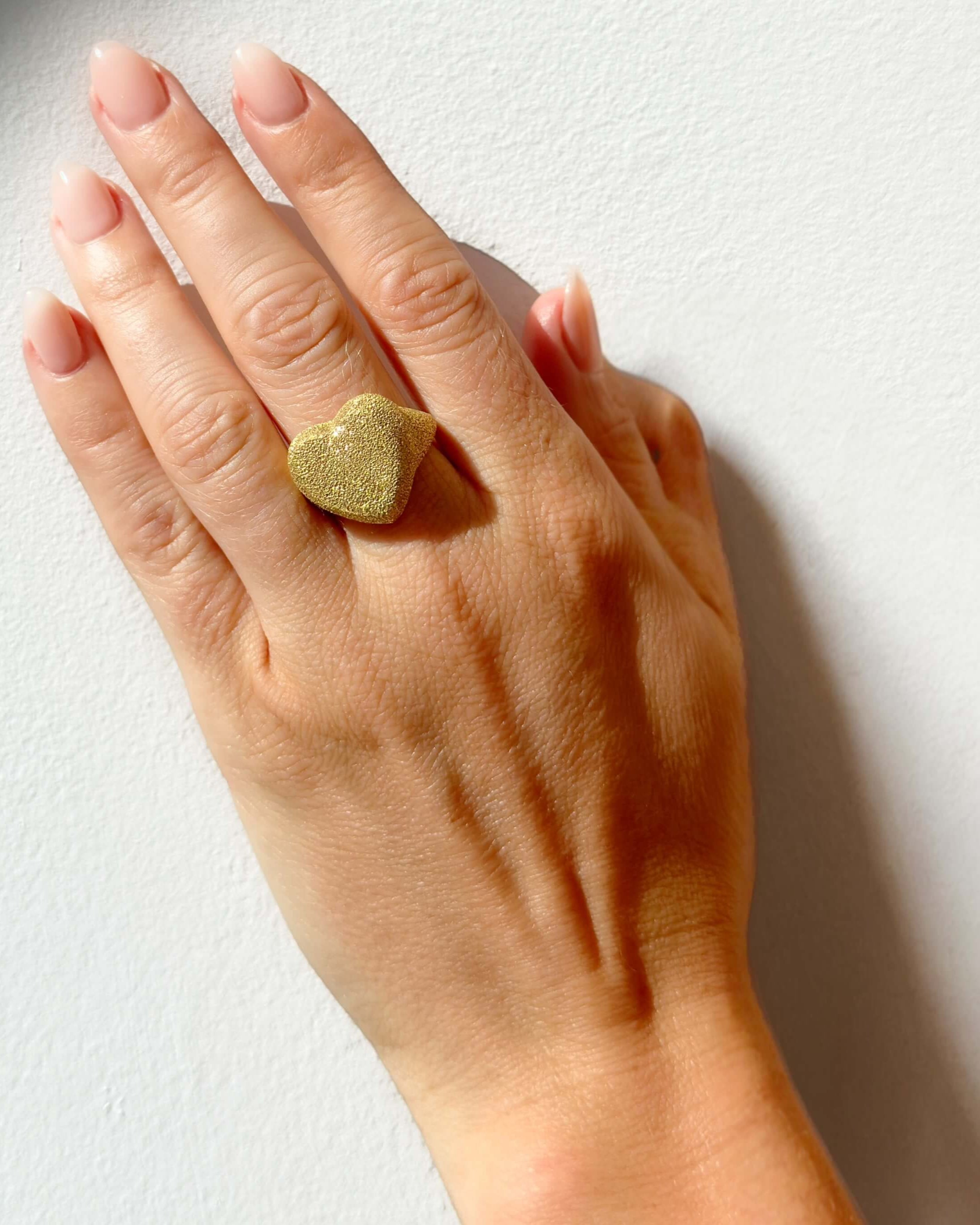 Hand wearing a gold heart-shaped ring on a white background