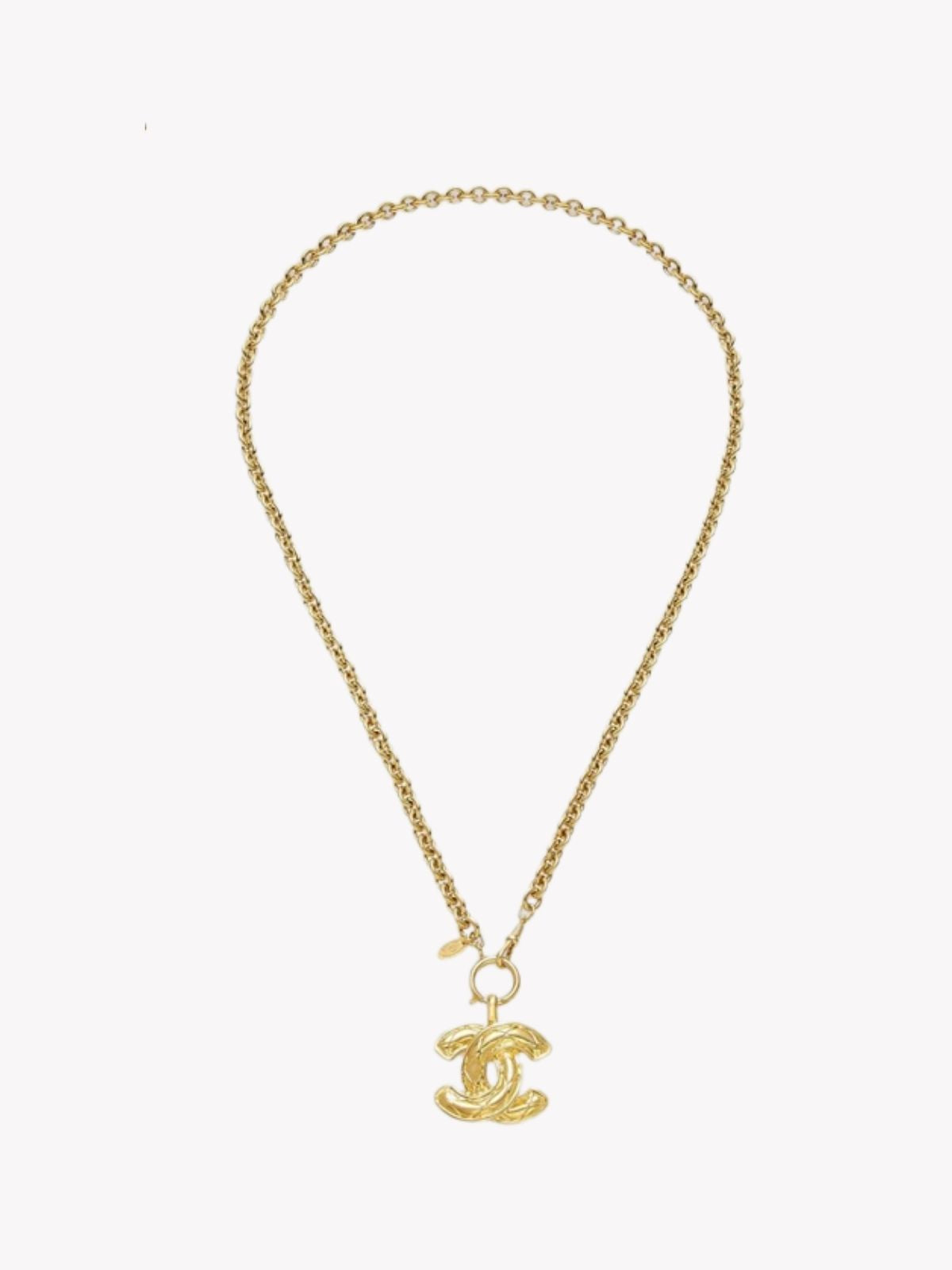 Louise Row Studio vintage Gold Chanel CC necklace with a CC pendant on a white background