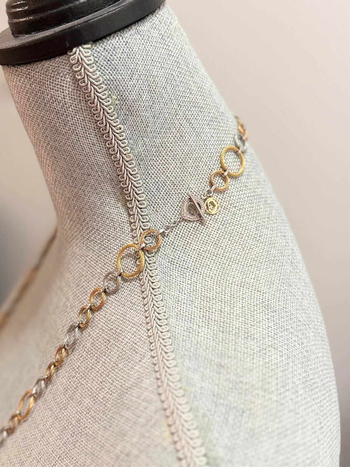 Louise Row featuring Charriol 3-Tone Long Necklace on grey mannequin
