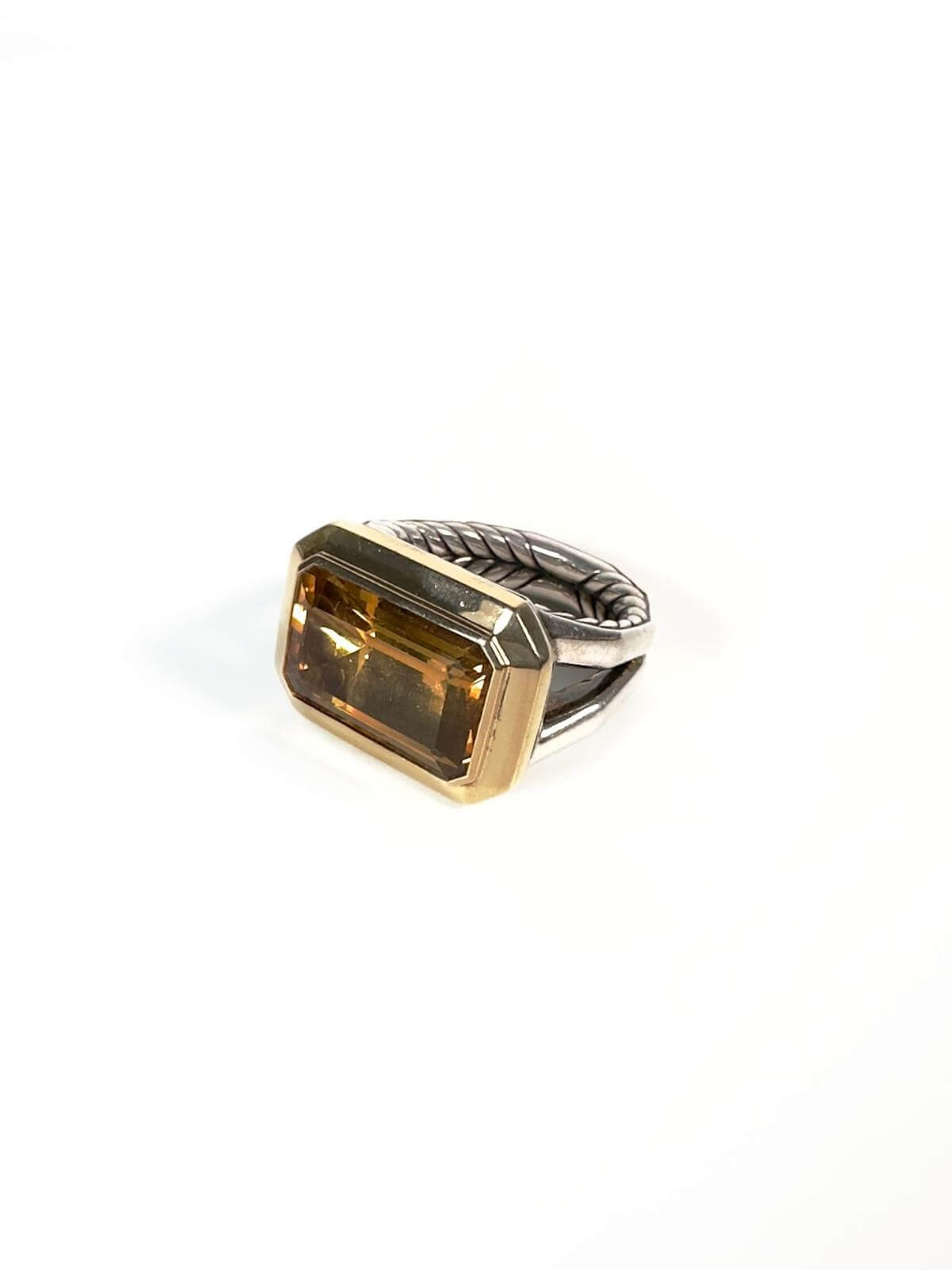 DY Gold ring with a large rectangular citrine gemstone on a white background