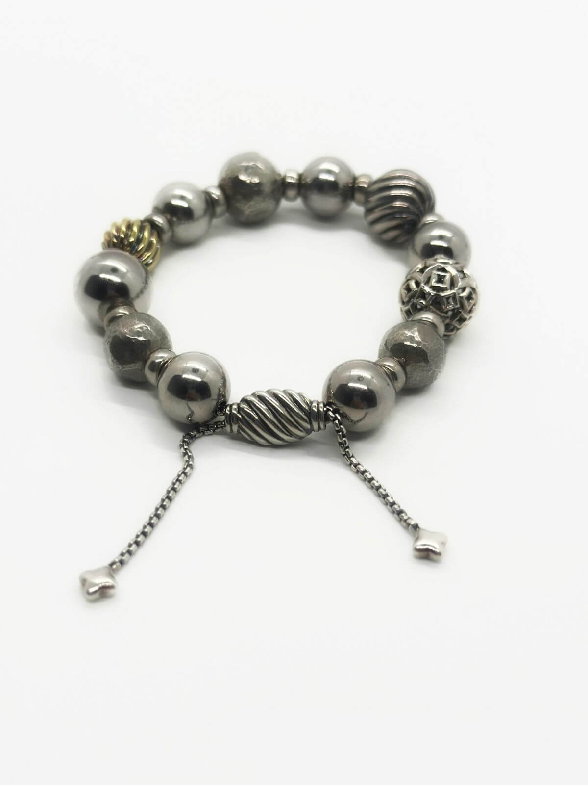 David Yurman silver bead bracelet on white background.