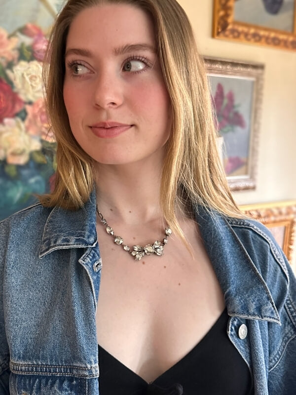 Louise Row Studio Featuring model wearing Isabel Marant necklace in jean jacket . 
