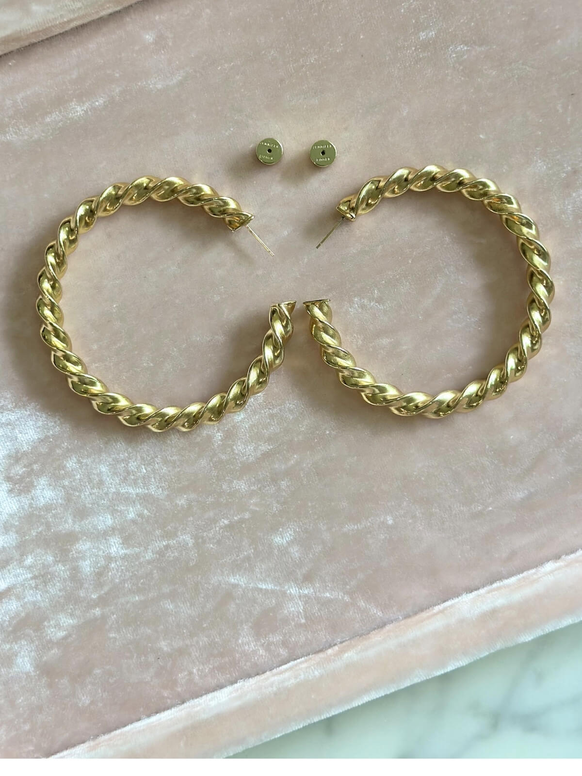 Louise Row featuring Jennifer Fisher Lily gold 2" hoop in box on pink pad