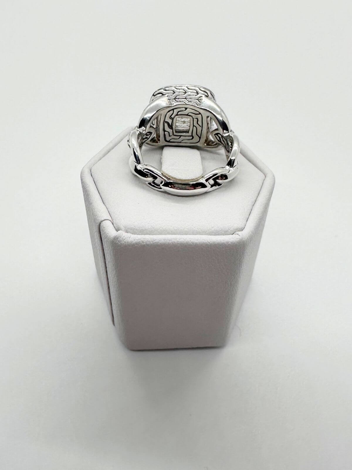 John Hardy quartz ring on white fixture and background.