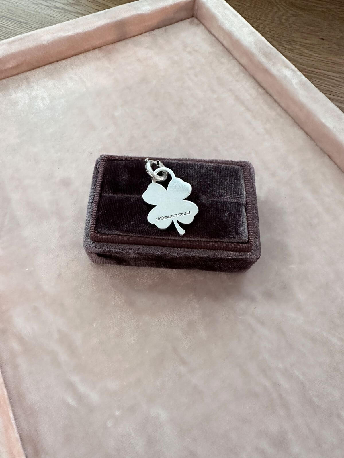 Tiffany & Co Silver four-leaf clover charm on a brown velvet box with a blurred background