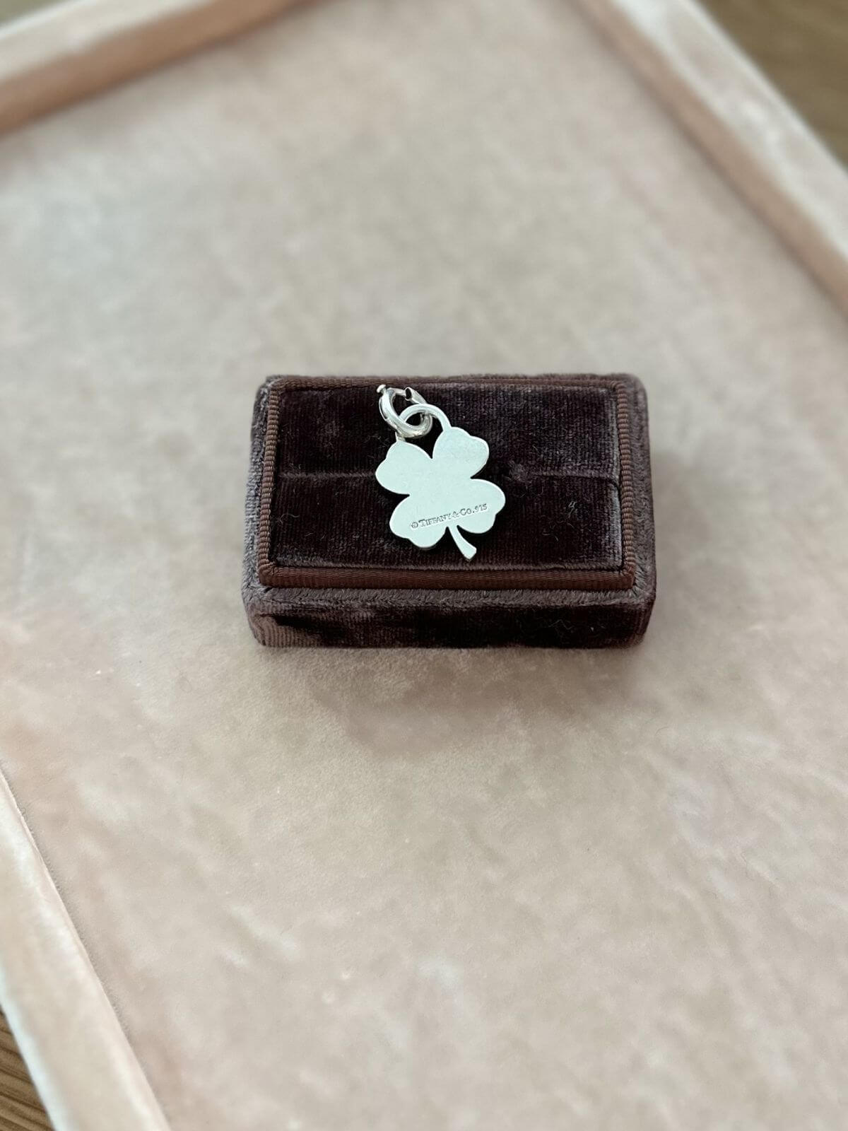 Tiffany & Co Silver four-leaf clover charm on a brown velvet box with a blurred background