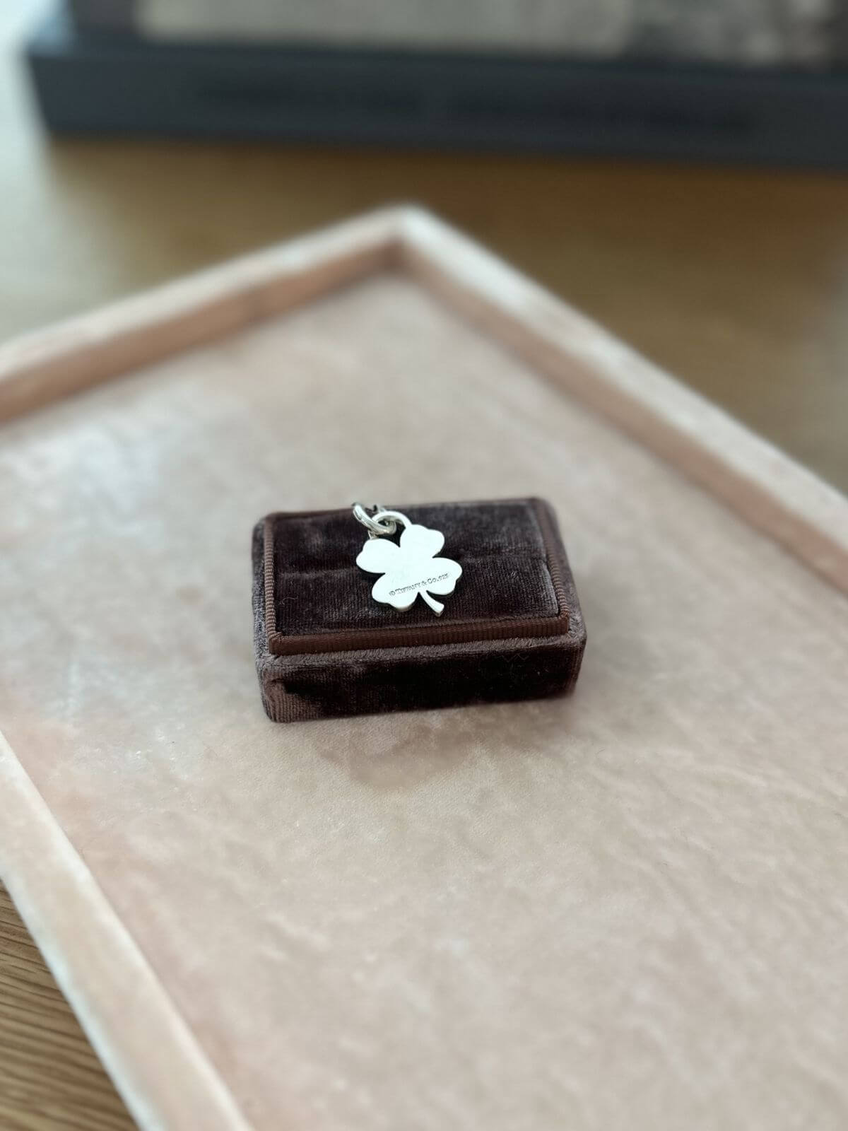 Tiffany & Co Silver four-leaf clover charm on a brown velvet box with a blurred background