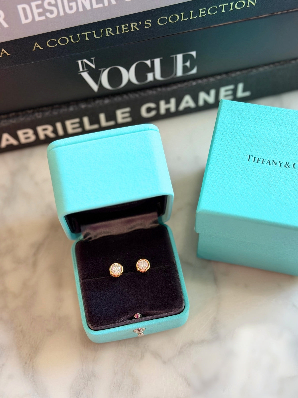 Louise Row featuring Diamonds by the Yard diamond stud earrings in blue TIffany Box 