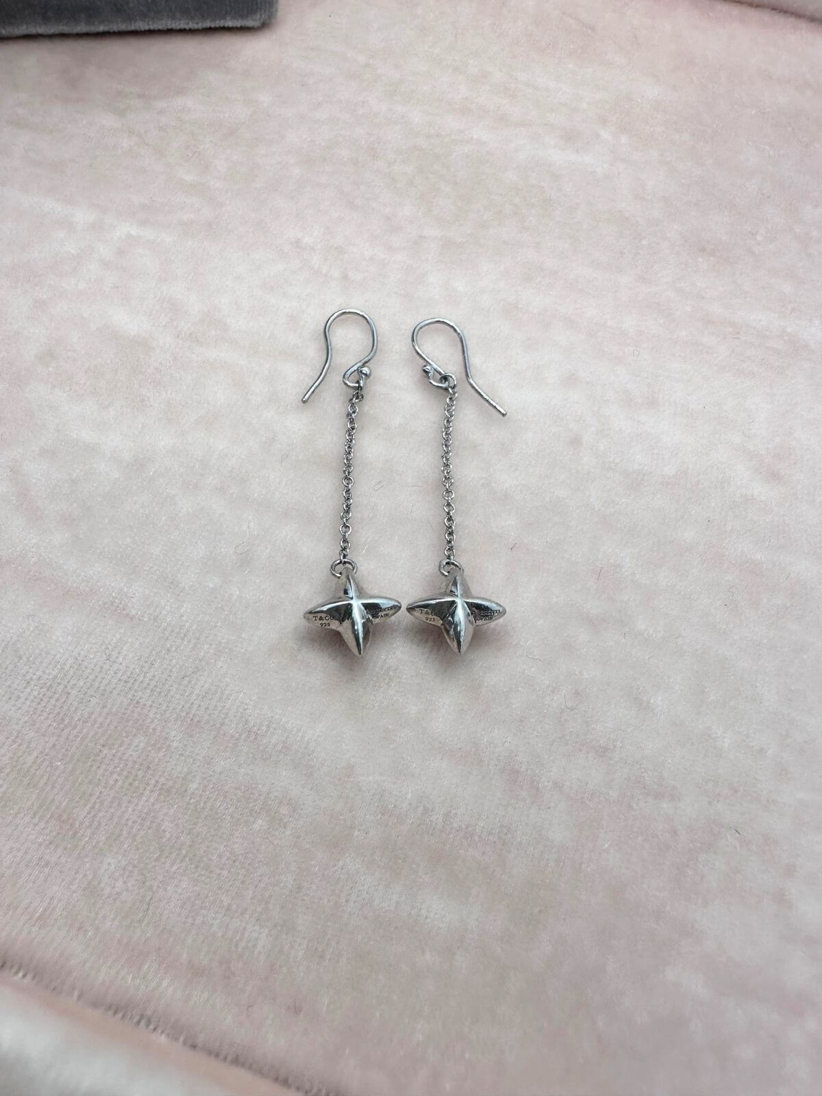 Pair of silver earrings on a light pink fabric background