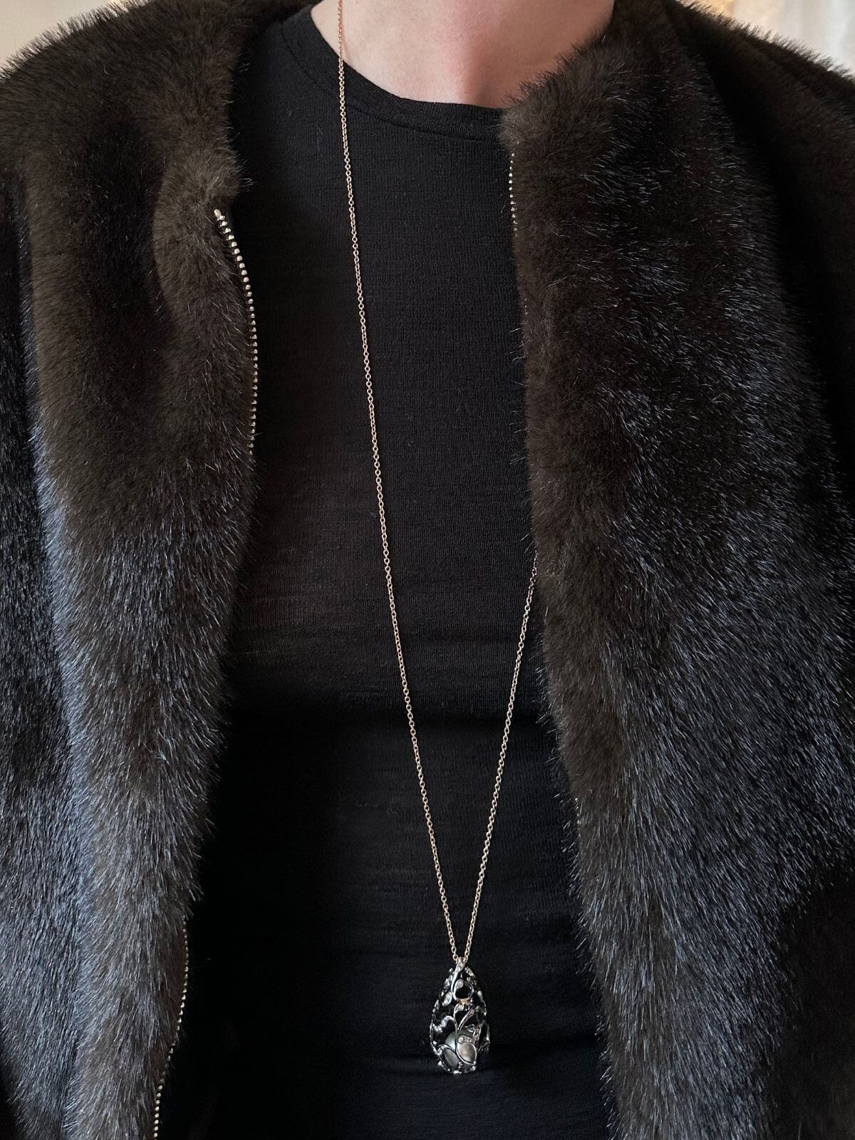 Louise Row Studio featuring Utopia Bolero pearl and diamond necklace on model with fur coat. 