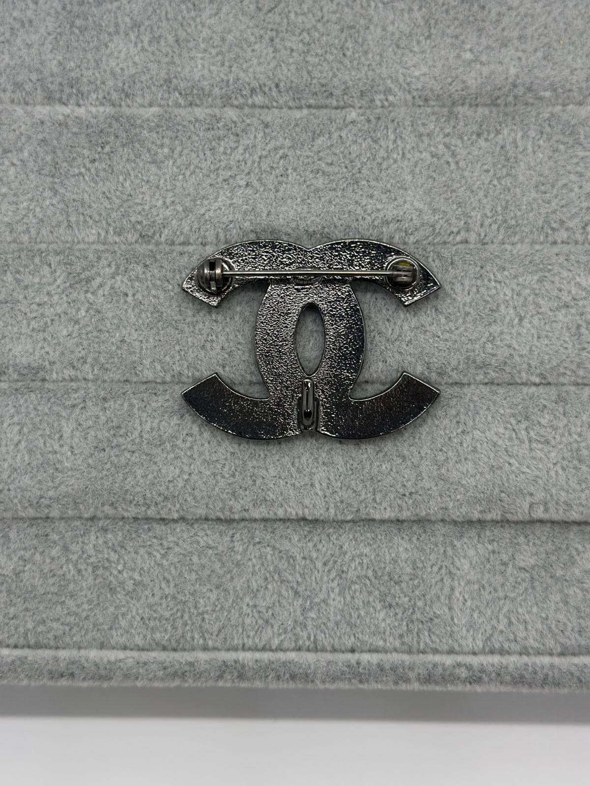 Pre-loved Chanel Multi color brooch on grey background back view with pin closure