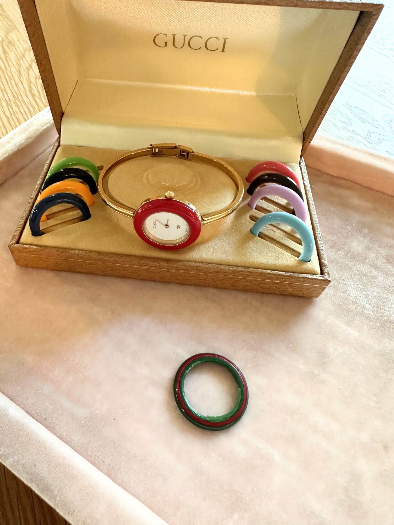 Louise Row Studio featuring Vintage Gucci watch in box with all interchangeable dials 